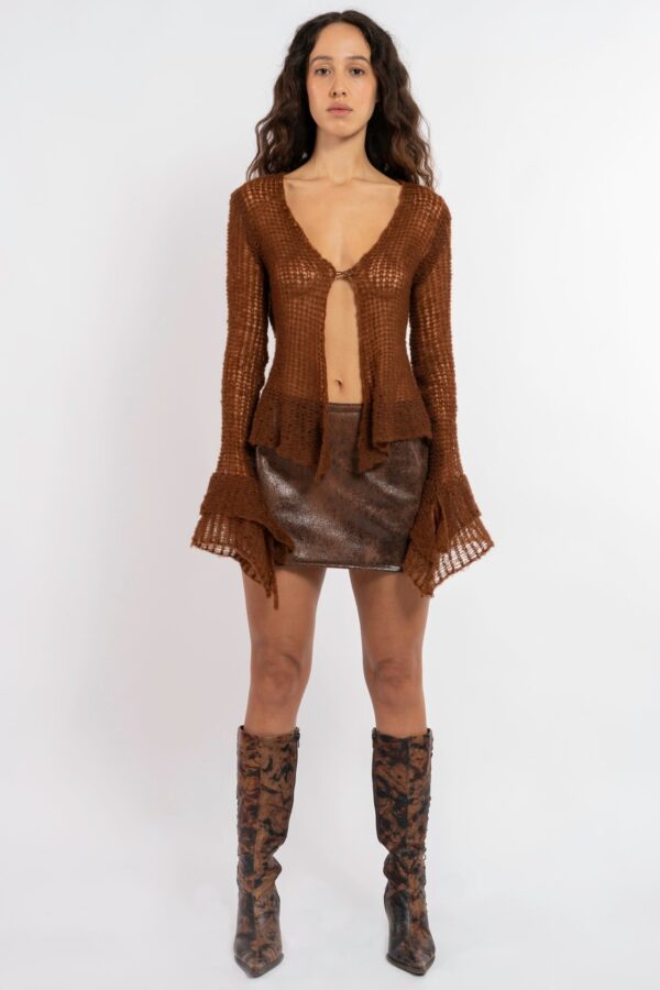 FW22 RUNWAY LOOK 1 – JADE dark brown aged fake leather mini skirt