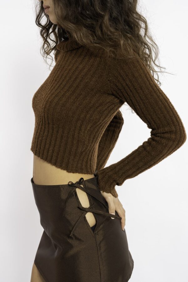 FW22 RUNWAY LOOK 22 – MONIQUE iridescent brown silk mini skirt
