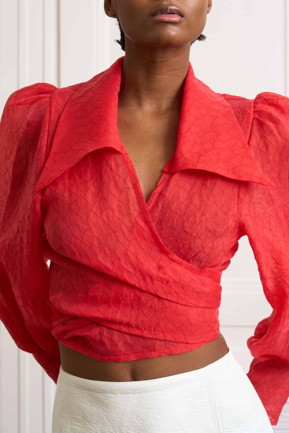 Fire Red Organza Check Ruffle Blouse