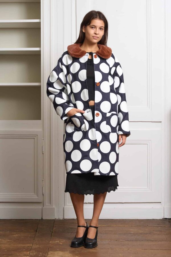 Denim and Waterproof Polka Dot Mid Coat with Brown Faux Fur Collar