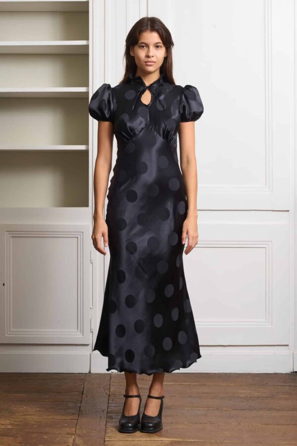 black dress with polka dot sleeves SEA Melody Polka Dot Puff Sleeve Dress in Black – Hampden Clothing main image 0