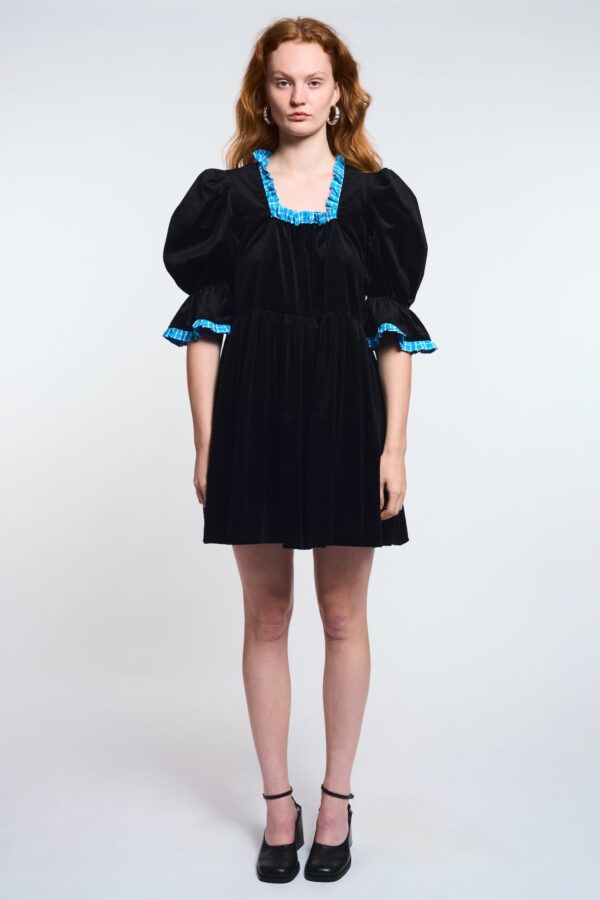 LA POUPETTE RUNWAY LOOK 7 GWENAELLE Black Velvet Dress with Blue Gingham Hem Maisoncleo LA POUPETTE RUNWAY LOOK 7 GWENAELLE Black Velvet Dress with Blue Gingham Hem Maisoncleo