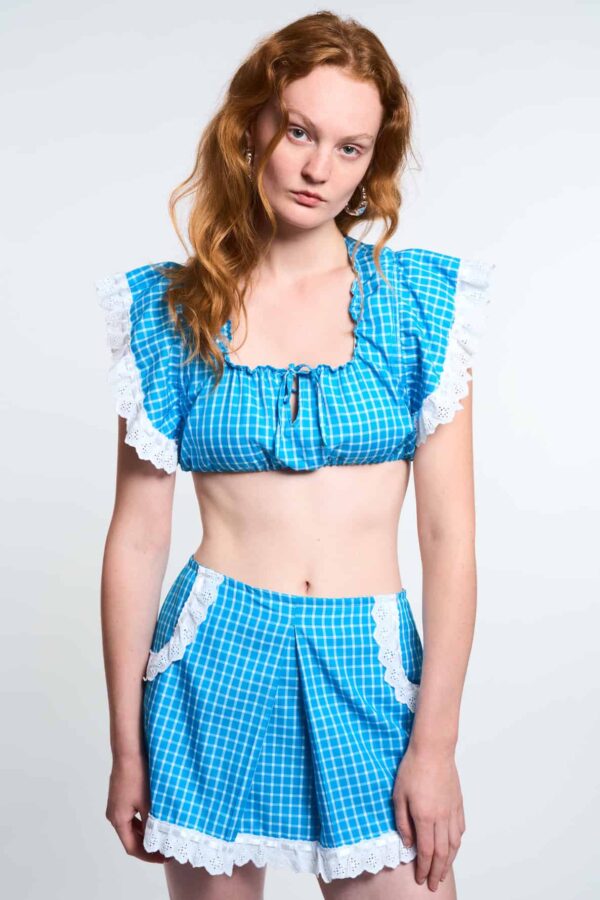 LA POUPETTE RUNWAY LOOK 1 – ADELA Azure Blue Gingham Mini Top with