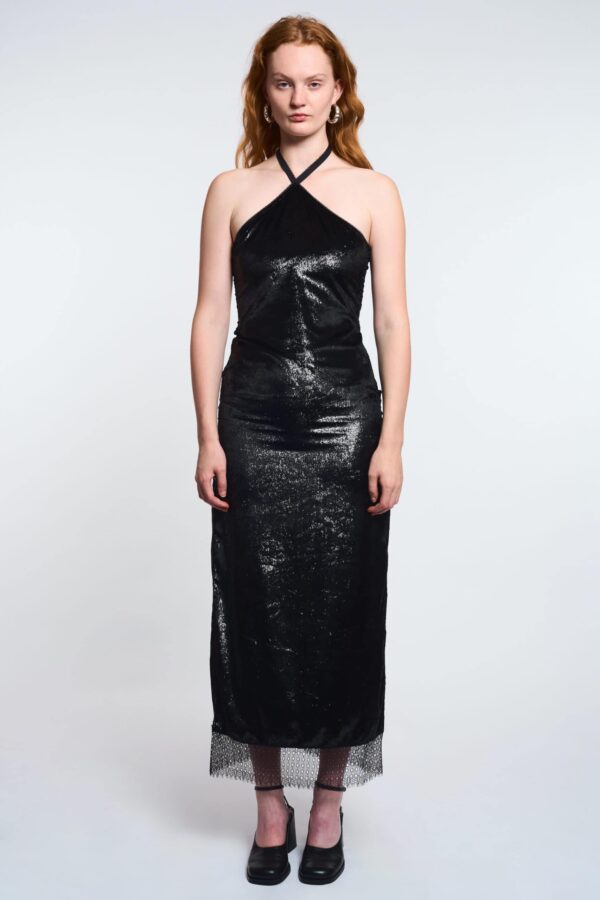 LA POUPETTE RUNWAY LOOK 32 GWENDAL Black glitter halter dress with bottom lace details Maisoncleo LA POUPETTE RUNWAY LOOK 32 GWENDAL Black glitter halter dress with bottom lace details Maisoncleo