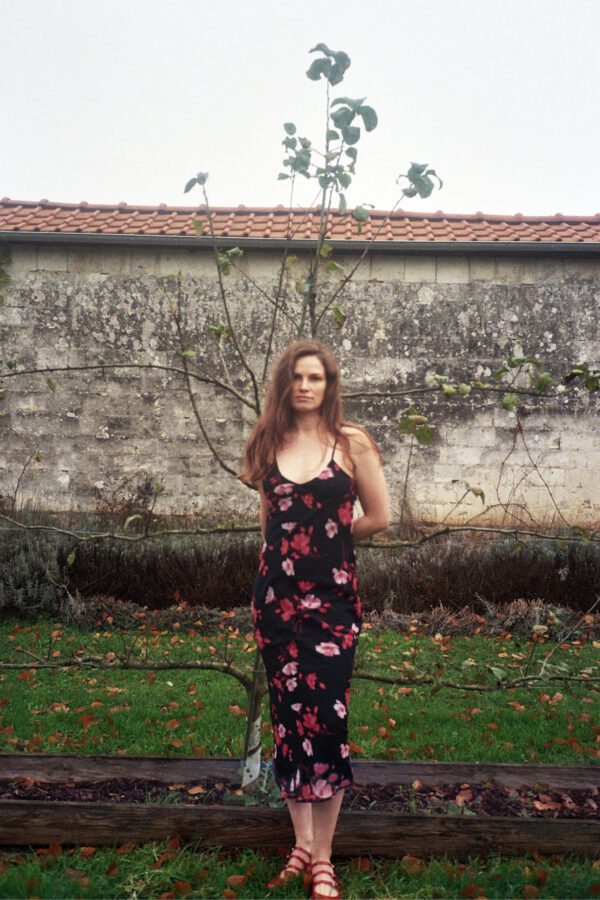 DIANA black silk spaghetti dress with red flowers  Maisoncleo