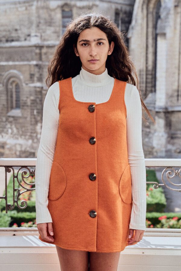 orange vest dress LA GARNOULE – Automnal orange wool trapeze dress – Maisoncleo